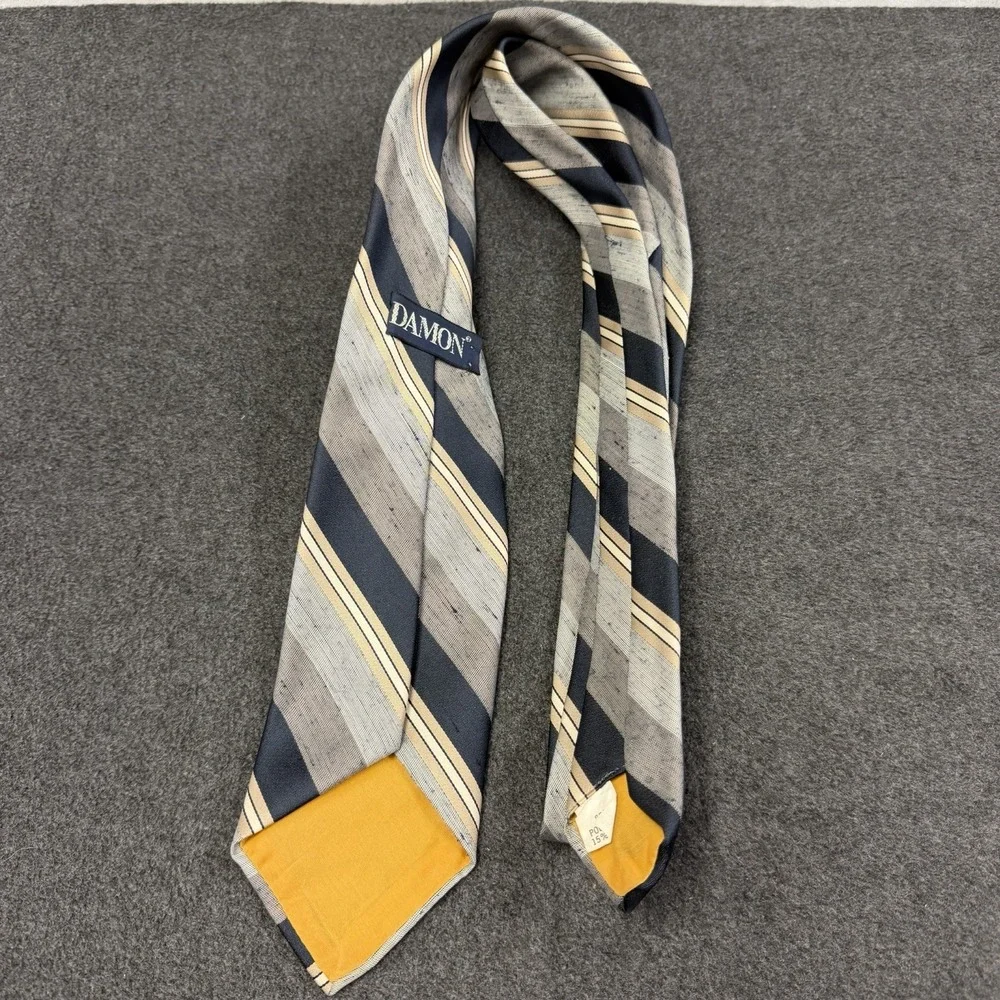 Vtg Damon Silk Blend Tie Mens Striped Raw Slub Texture Grey Navy Yellow 70s 80s